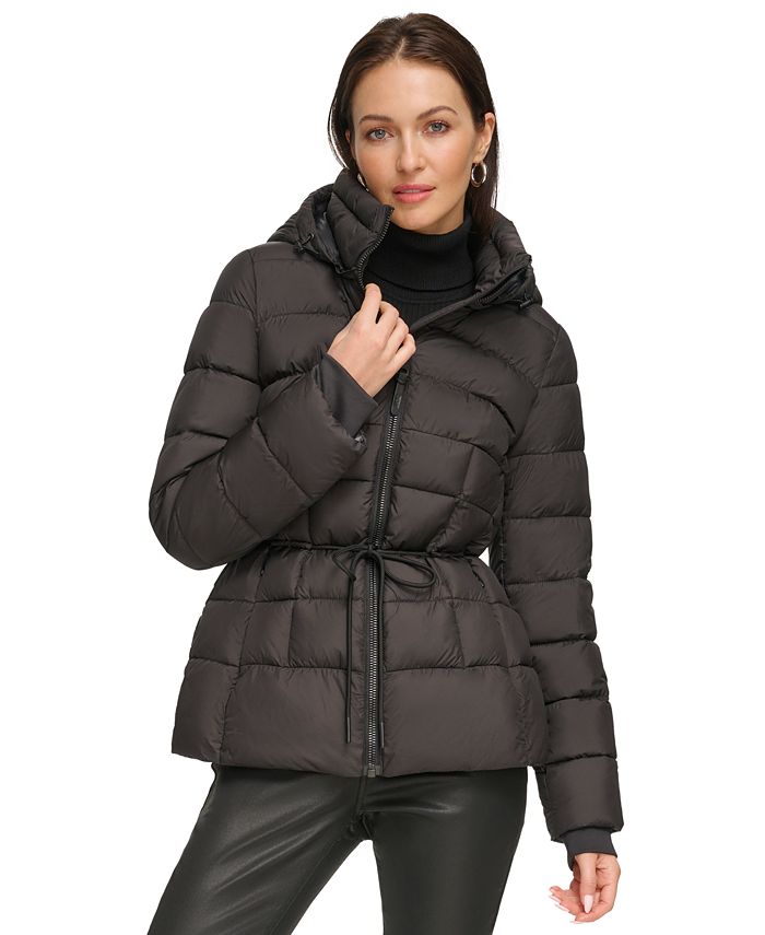 DKNY Women's Quilted Water Resistant Hooded Down Coat (Black, L