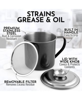 Stainless Steel Bacon Grease Container With Strainer, Lid & Handle