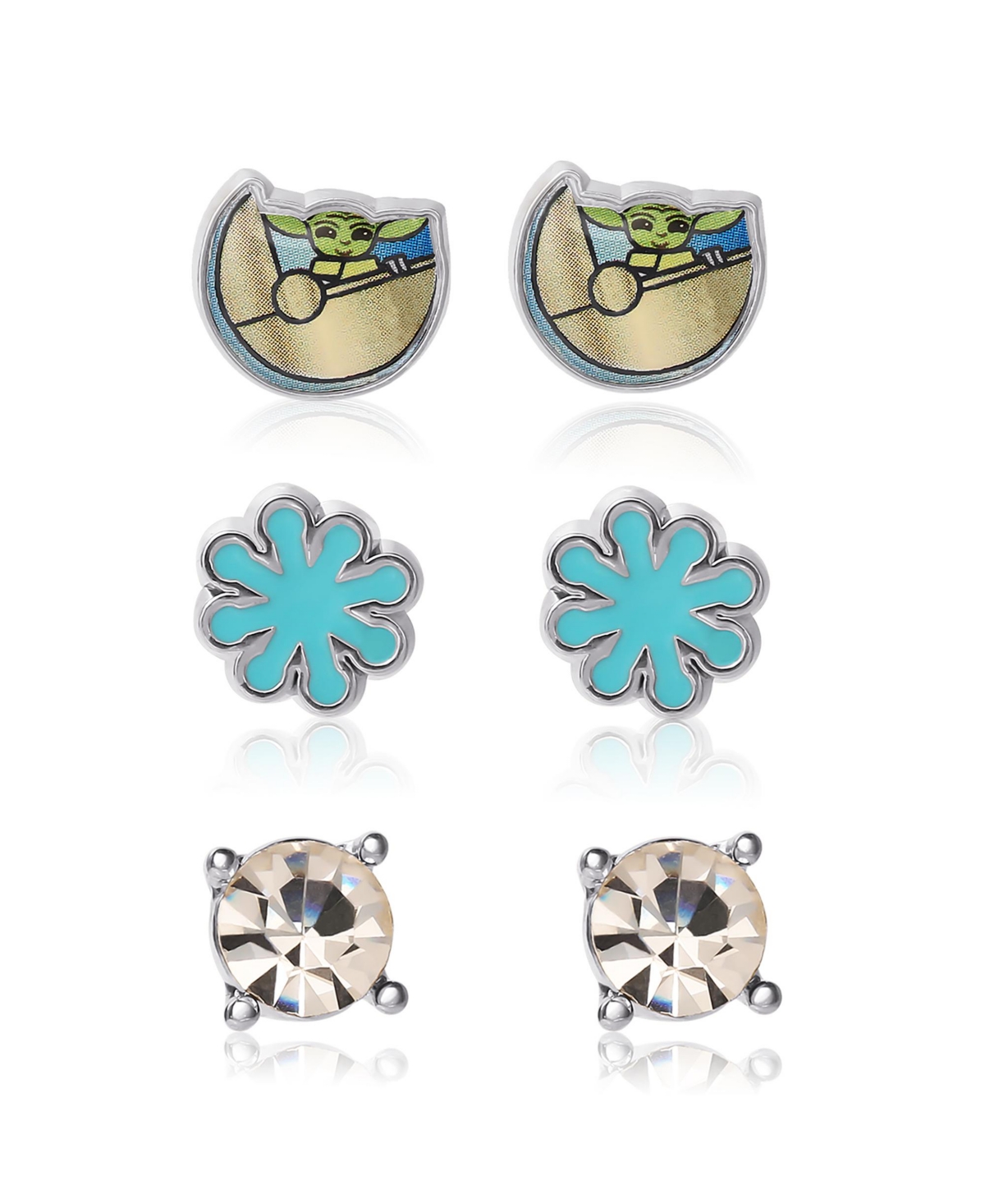 Grogu Fashion Silver Plated Stud Earrings Set - 3 Pairs - Silver tone, blue, green