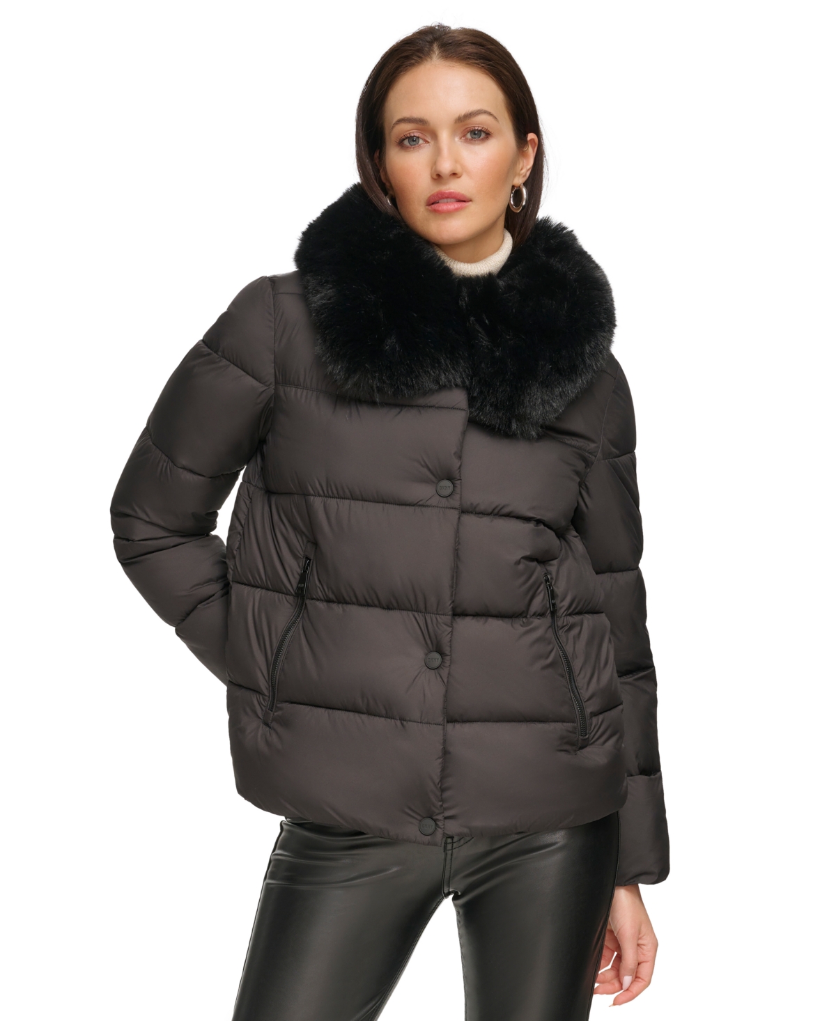 Women's Faux-Fur-Trim Collar Puffer Coat - Black