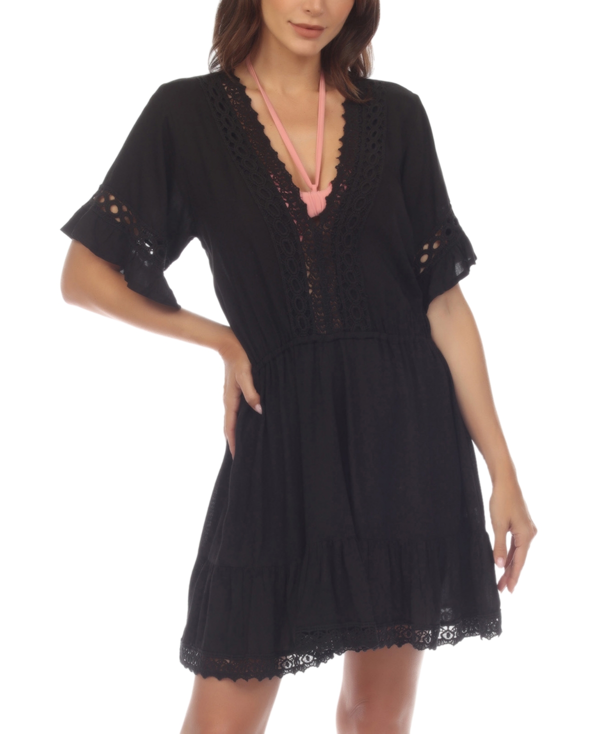 Women's V-Neck Short-Sleeve Lace-Trim Dress Cover-Up - Black