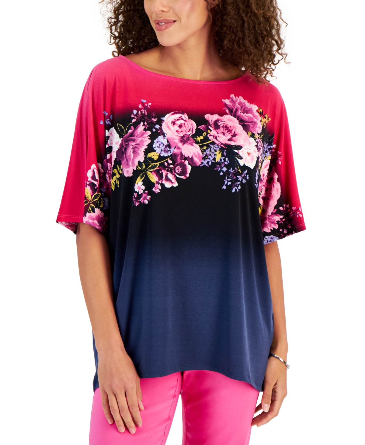 Jm Collection Women's Floral-print Slit-sleeve High-low Top, Created For Macy's In Divine Berry Combo
