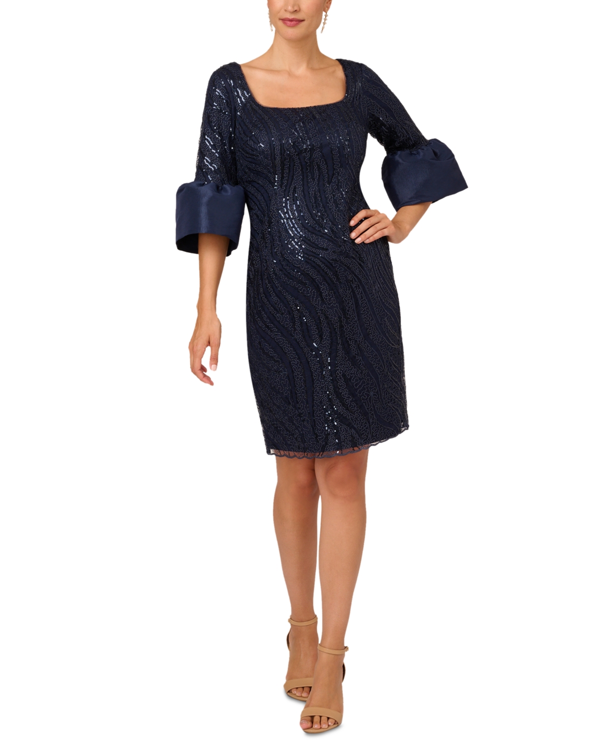 Shop Adrianna Papell Plus Size Sequined Bell-sleeve Sheath Dress In Midnight