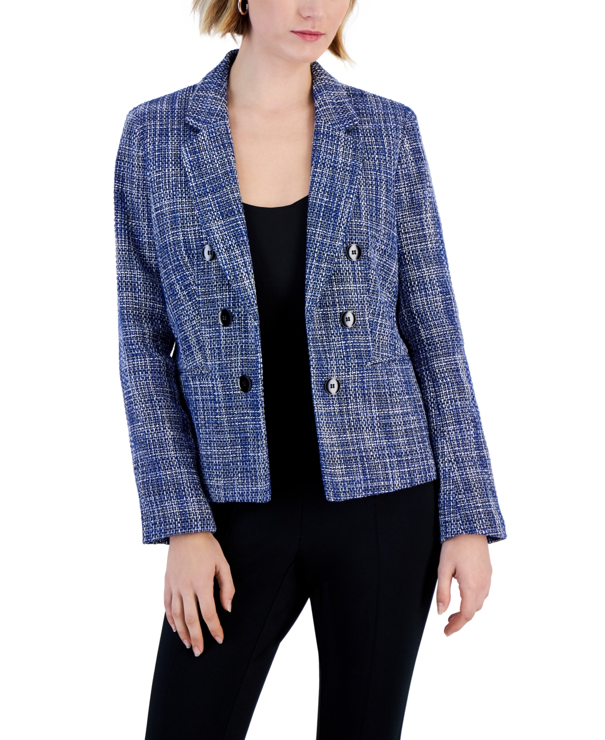 Women's Tweed Faux-Double-Breasted Blazer, Created for Macy's - Deep Blue Multi