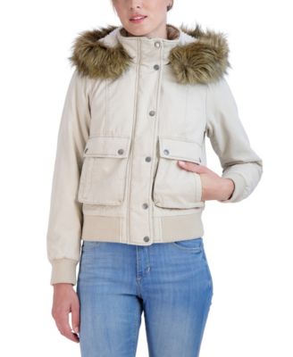 Juniors' Juniors' Cotton Faux Fur Trimmed Bomber Jacket