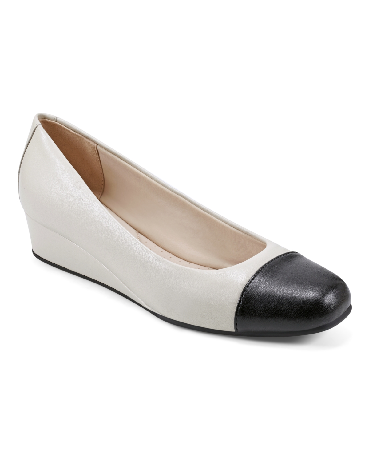 Easy Spirit Women's Gracey Round Toe Slip-on Wedge Dress Pumps In Ivory Leather,black - Leather,faux Lea