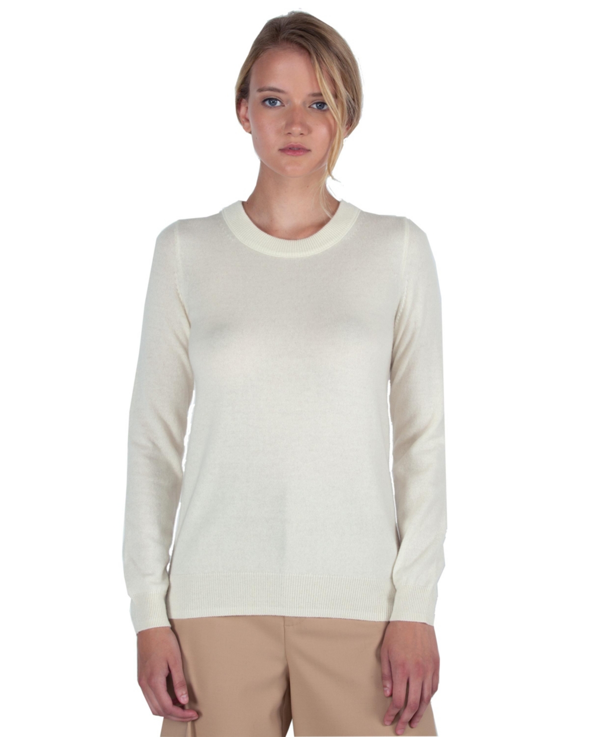 Women's 100% Pure Cashmere Long Sleeve Crew Neck Pullover Sweater - Cream