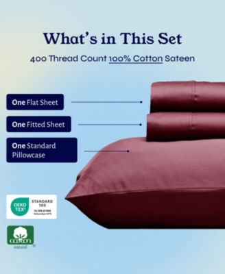 Soft Cotton 400 Thread Count Cotton Sateen 3 Piece Bed Sheet Set, Twin Xl