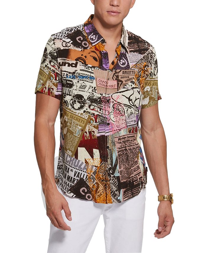 GUESS Men s Regular Fit Newspaper Collage Print Button Down Shirt