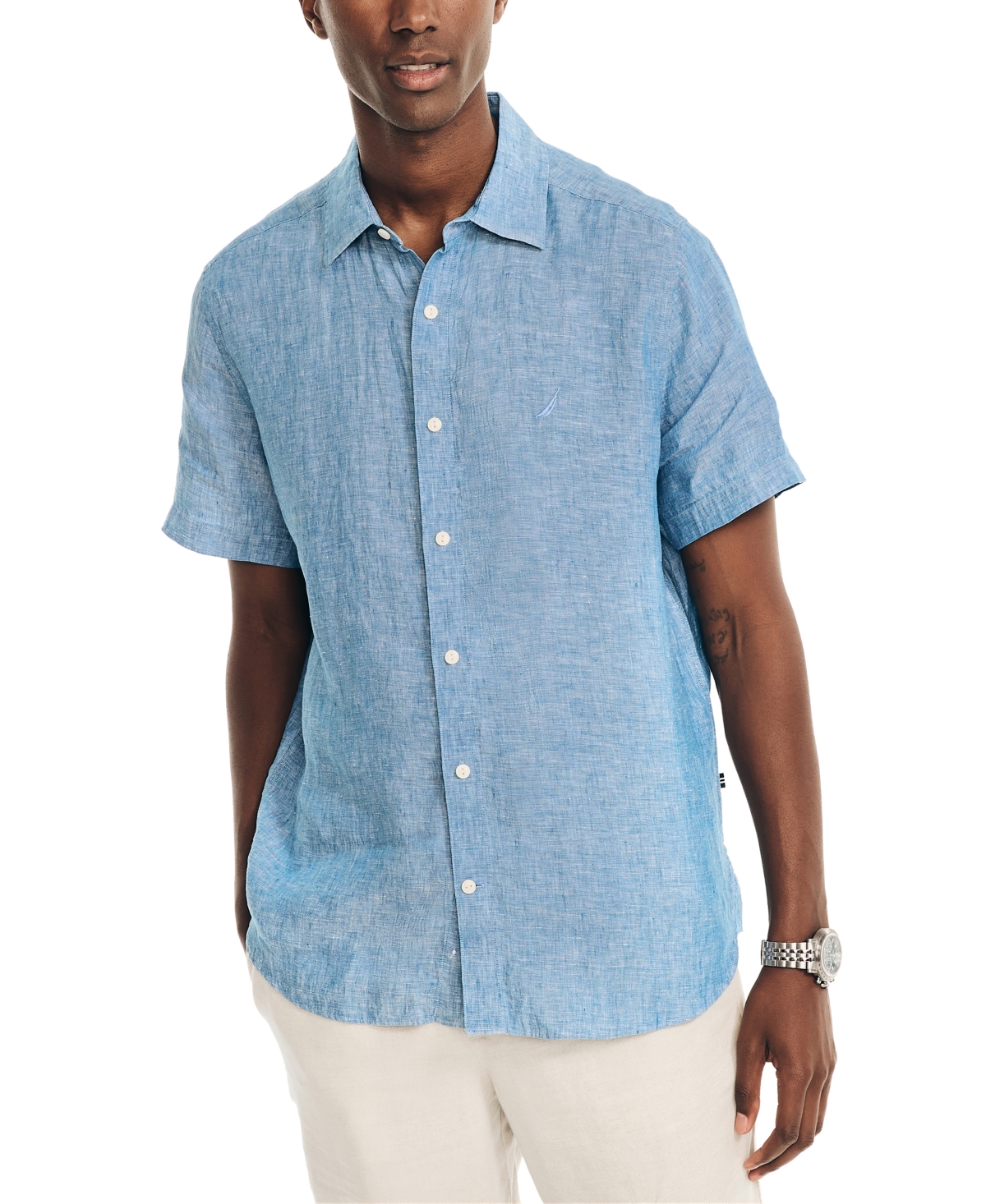 Nautica Men's Classic-fit Solid Linen Short-sleeve Shirt In Snorkel Blue