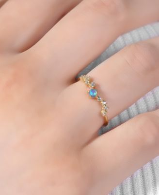 Simulated Opal (3mm) & Pav&eacute; Wavy Accent Ring in 18k Gold-Plated Sterling Silver