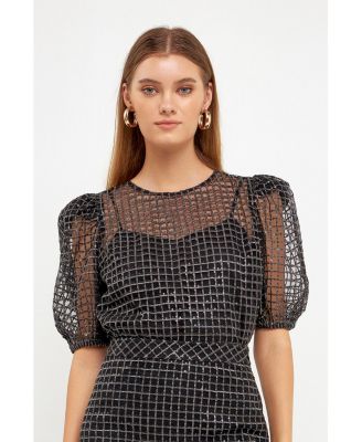 Women's Sequins Mesh Grid Top