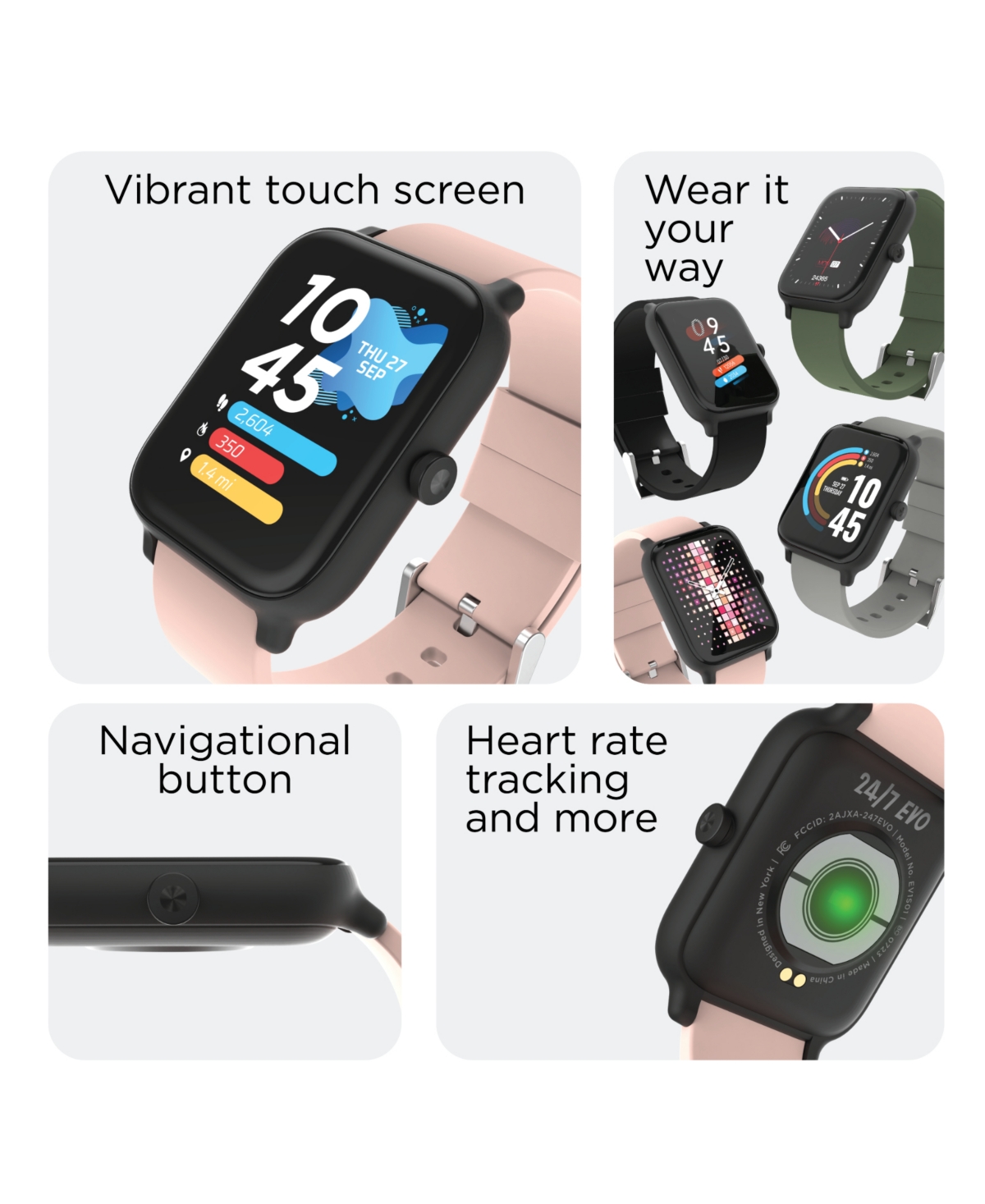 Shop 24/7 Evo Unisex Blush Silicone Strap Smartwatch 37.5mm In Blush,black
