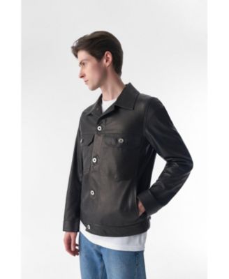 Men's Genuine Leather Trucker Jacket, Natural Grain Black