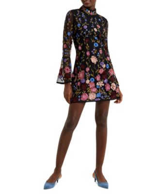 French Connection Women's Floral Embroidered Bell-Sleeve Mesh Sheath Dress  - Macy's