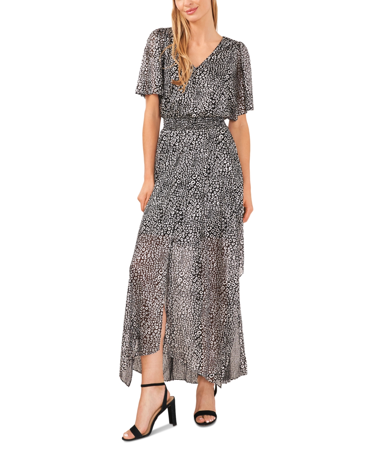 Shop Cece Women's Animal Print Smocked-waist Flutter-sleeve Maxi Dress In Rich Black