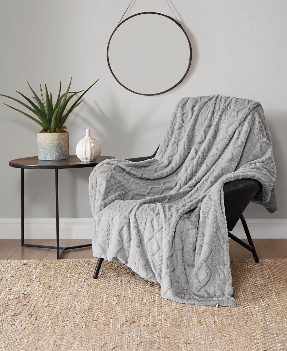 Lucky Brand Embossed Cable Faux Fur Throw Blanket, 50" X 70" In Gray
