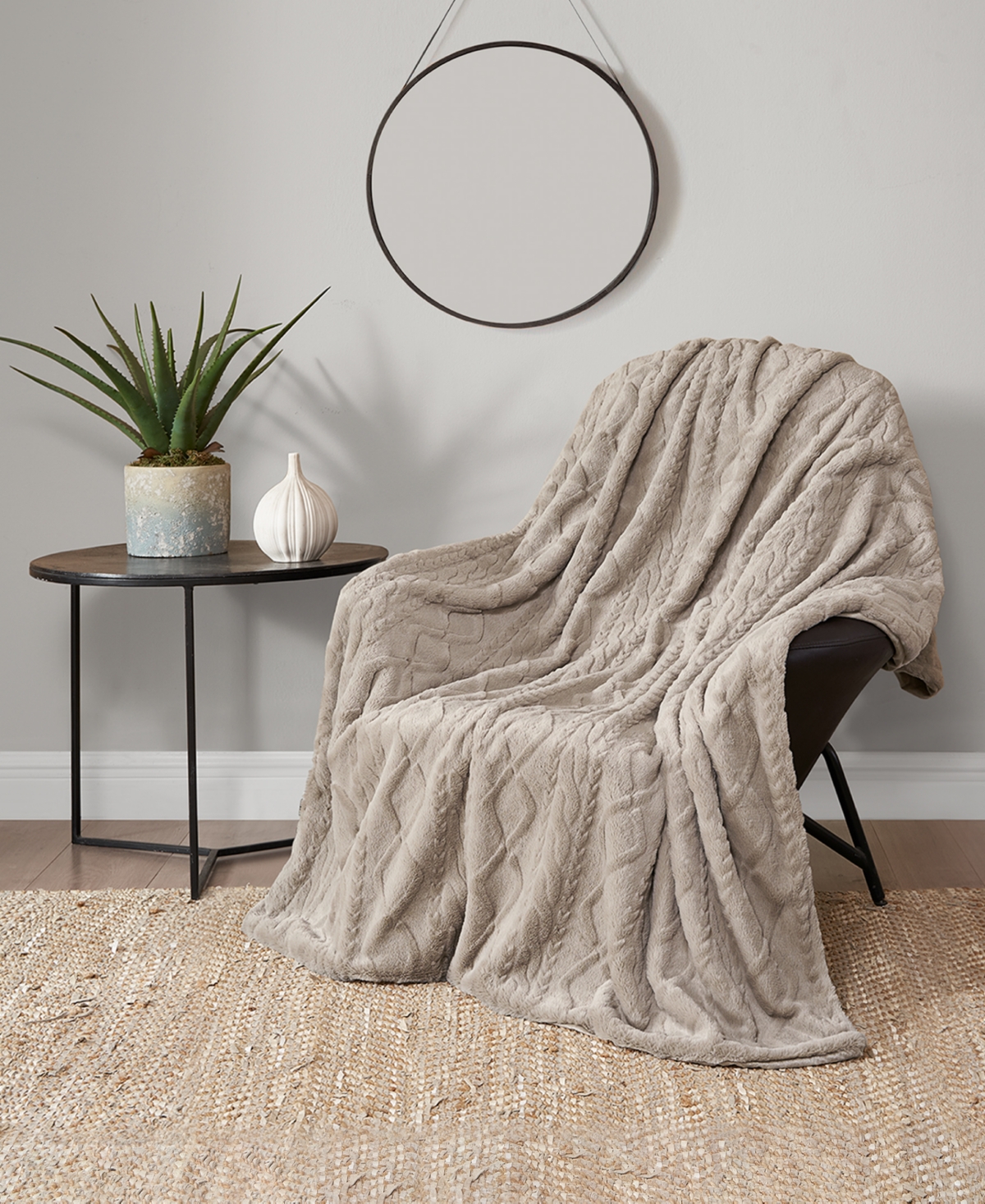 Lucky Brand Embossed Cable Faux Fur Throw Blanket, 50" X 70" In Beige