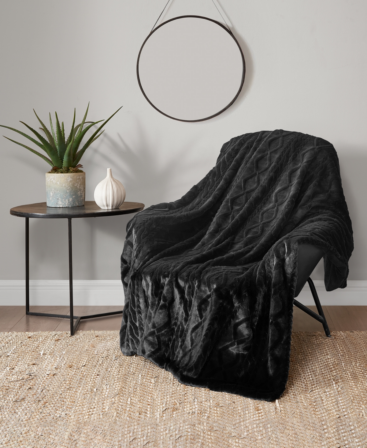 Lucky Brand Embossed Cable Faux Fur Throw Blanket, 50" X 70" In Black