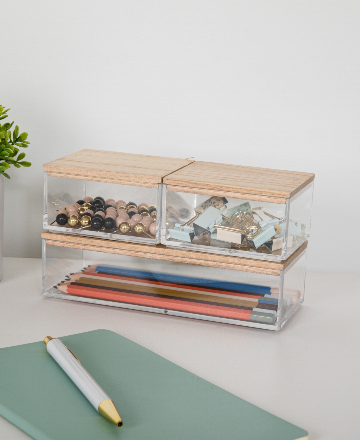 Shop Martha Stewart Brody Plastic Storage Organizer Bins With Paulownia Wood Lids For Home Office, Kitchen, Or Bathroom, In Clear,light Natural