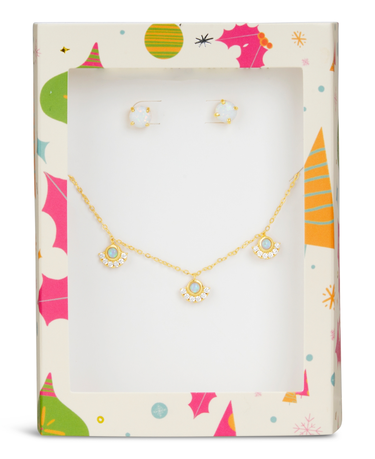 Sterling Forever Opal Stud Earrings And Necklace Tis The Season Gift Set In Gold