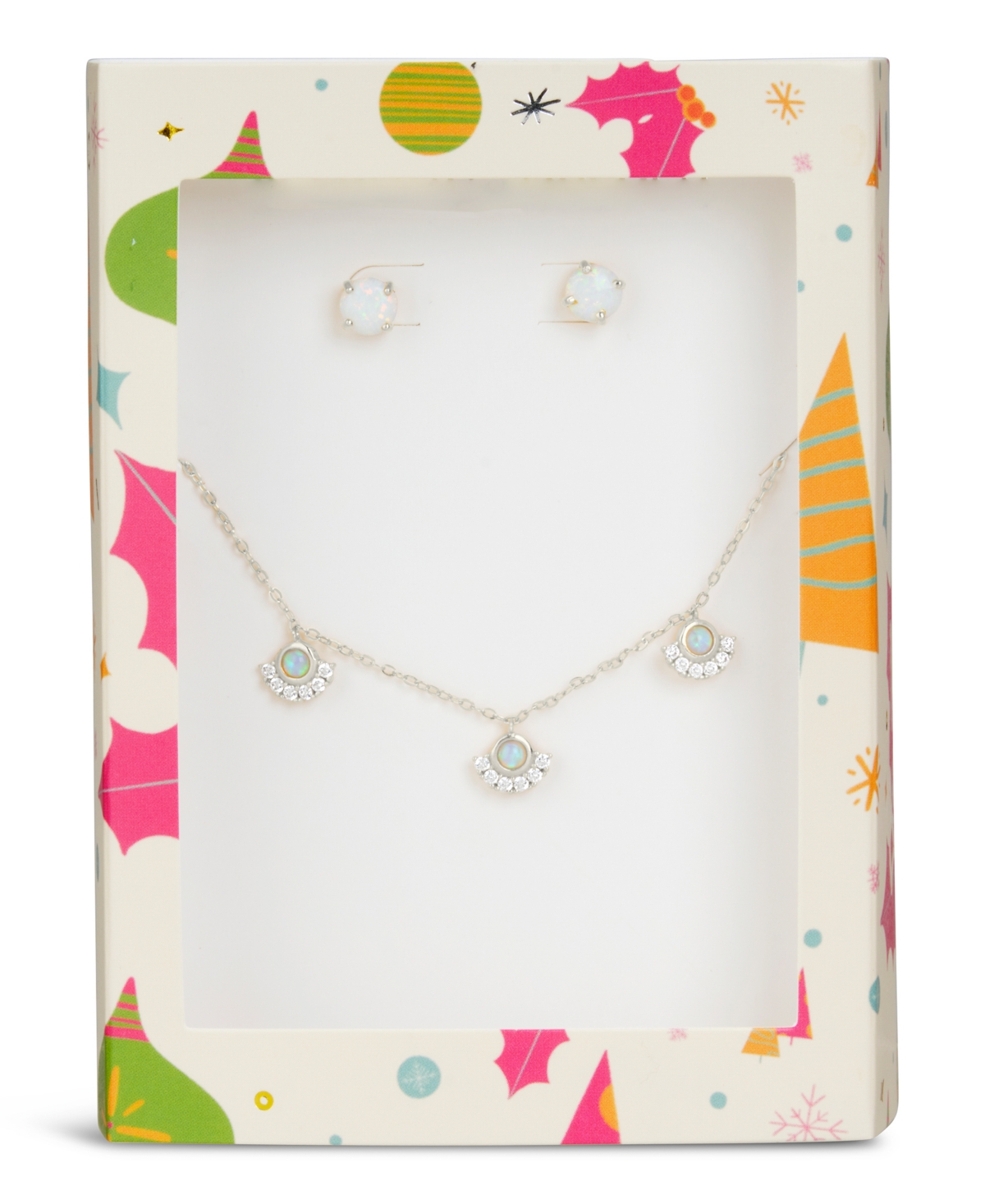 Sterling Forever Opal Stud Earrings And Necklace Tis The Season Gift Set In Silver