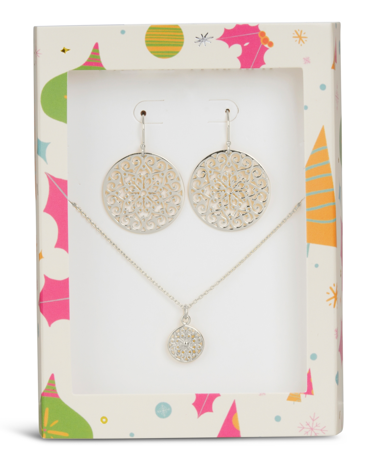 Sterling Forever Lace Dangle Earrings And Pendant Necklace Tis The Season Gift Set In Silver