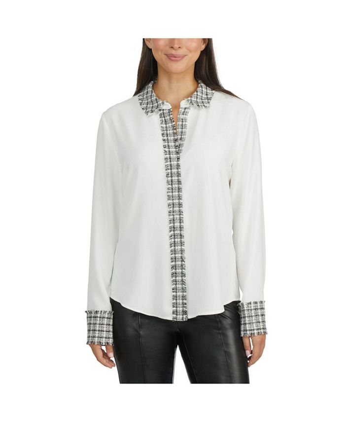 Ellen Tracy Women's Jacquard Knit and Faux Leather Top - Macy's