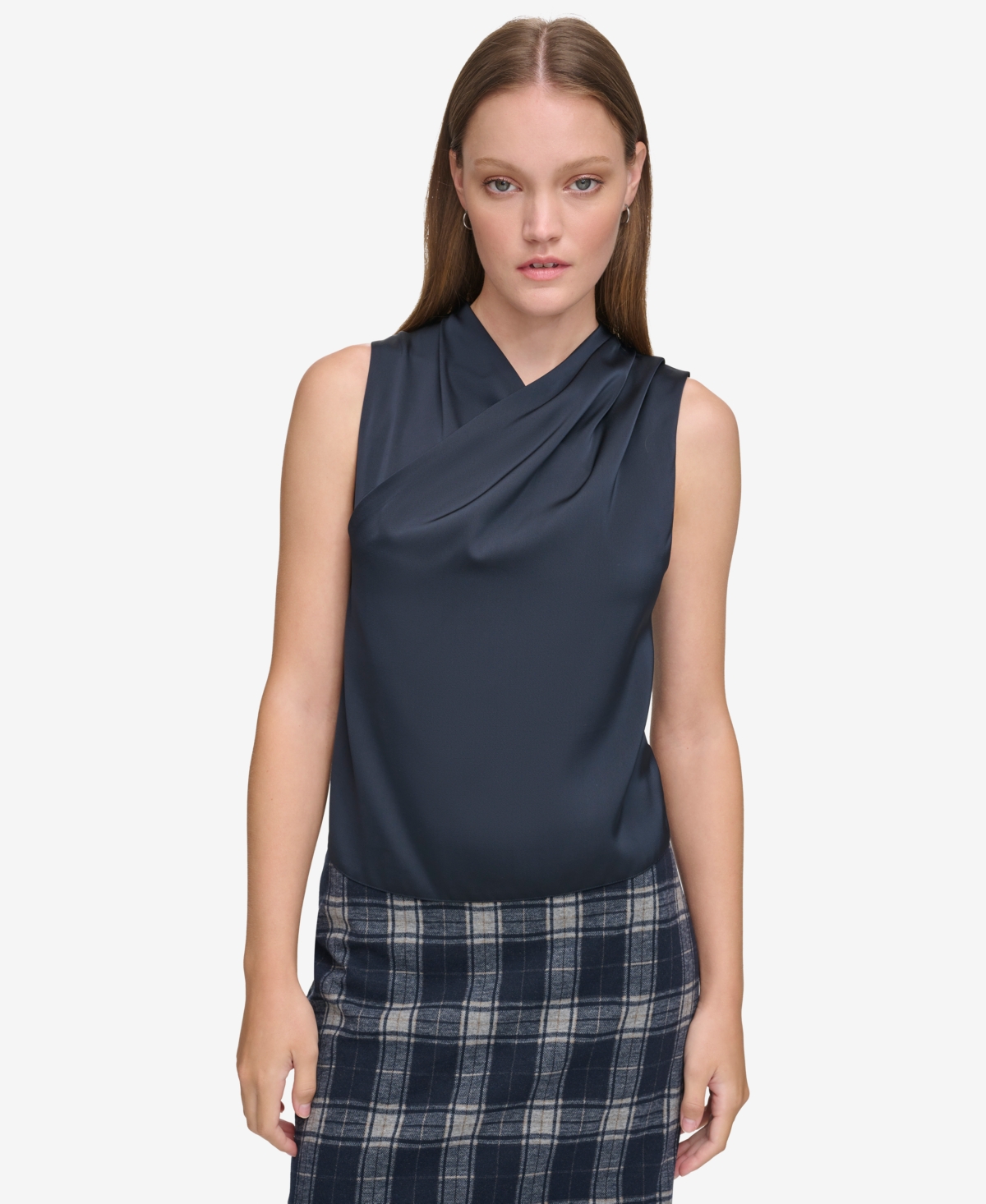 Calvin Klein Womens Mock Neck Pleated Pullover Top In Navy