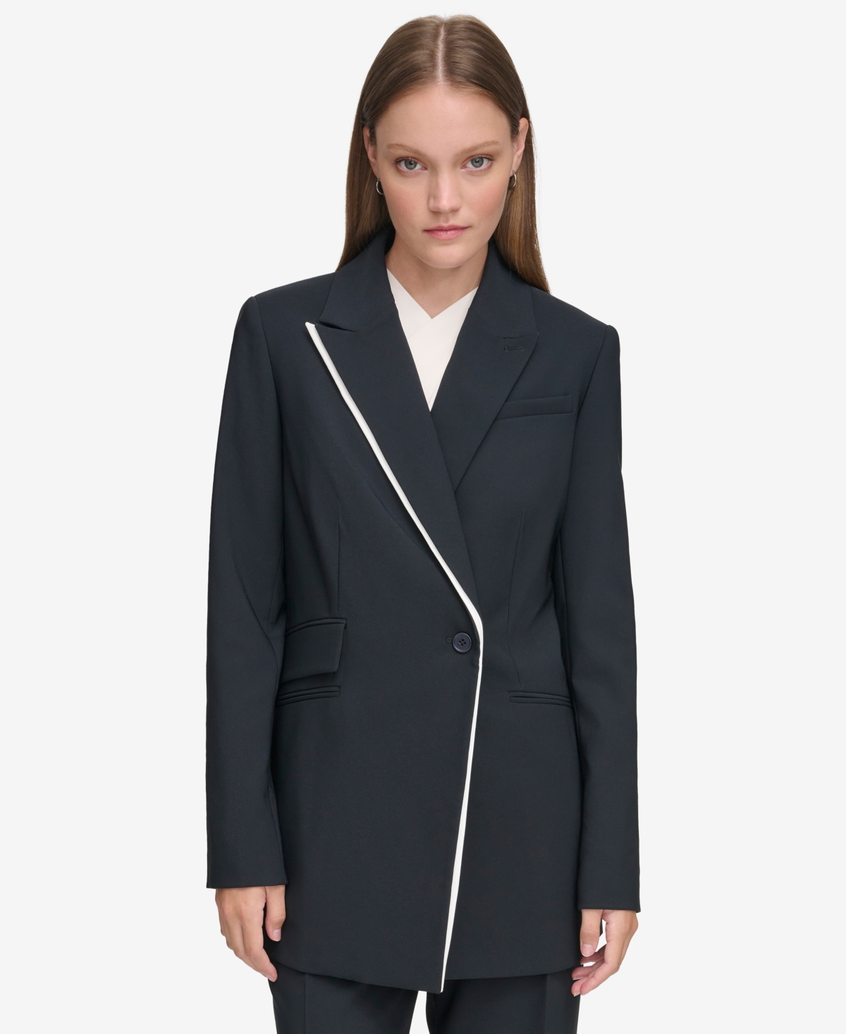 Calvin Klein Women's X-fit Asymmetrical Long Blazer In Navy,cream