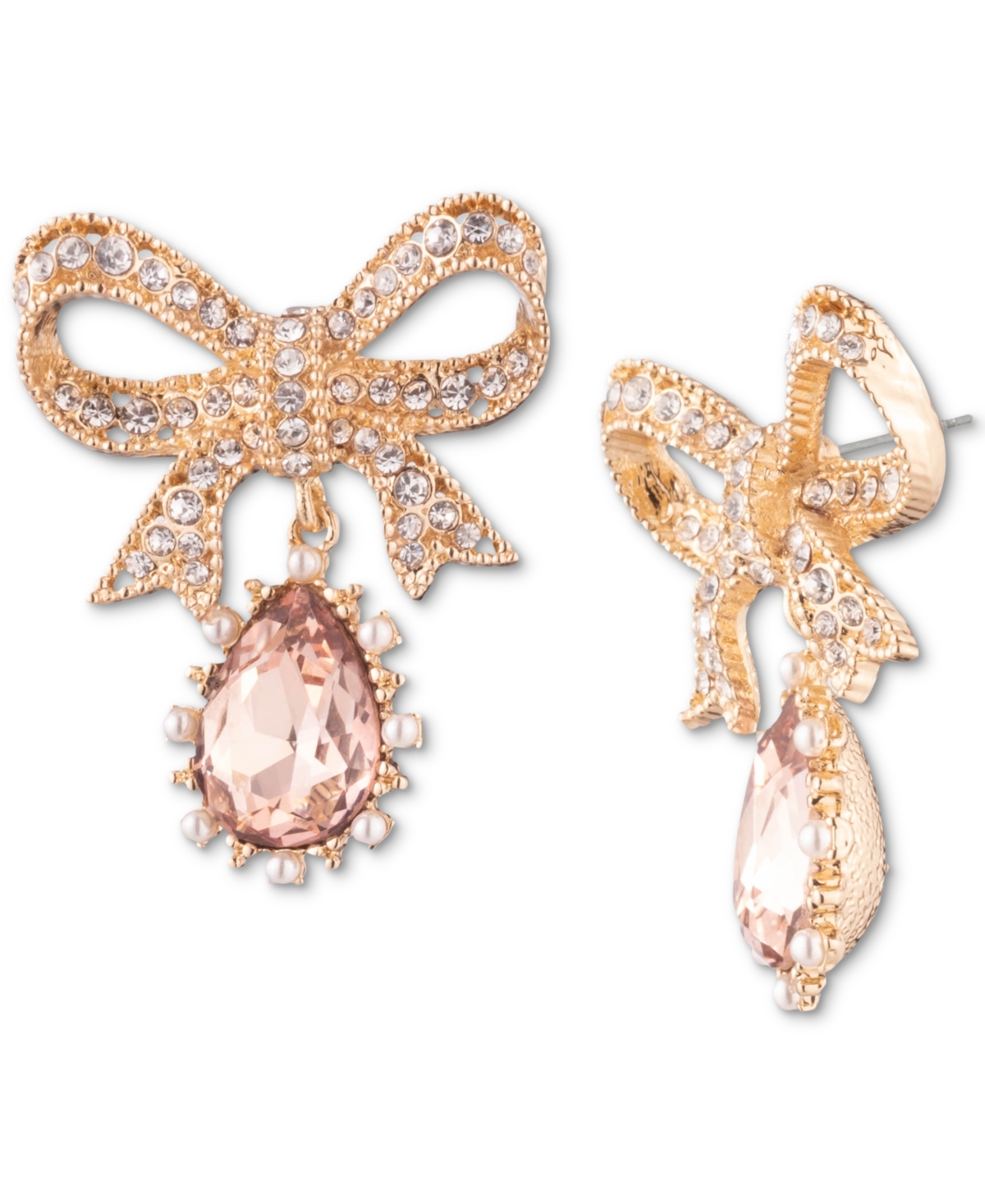 Marchesa Gold-tone Crystal & Imitation Pearl Bow Drop Earrings In Light Pink
