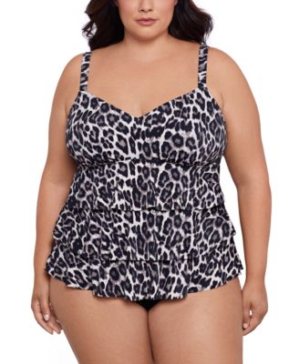 Swim Solutions Plus Size Printed Triple Tier Tankini Mid Rise Tummy Control Swim Bottoms Created For Macys In Leaping Leopards