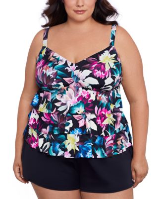 Swim Solutions Plus Size Printed Triple-Tier Tankini & Swim Skirt ...