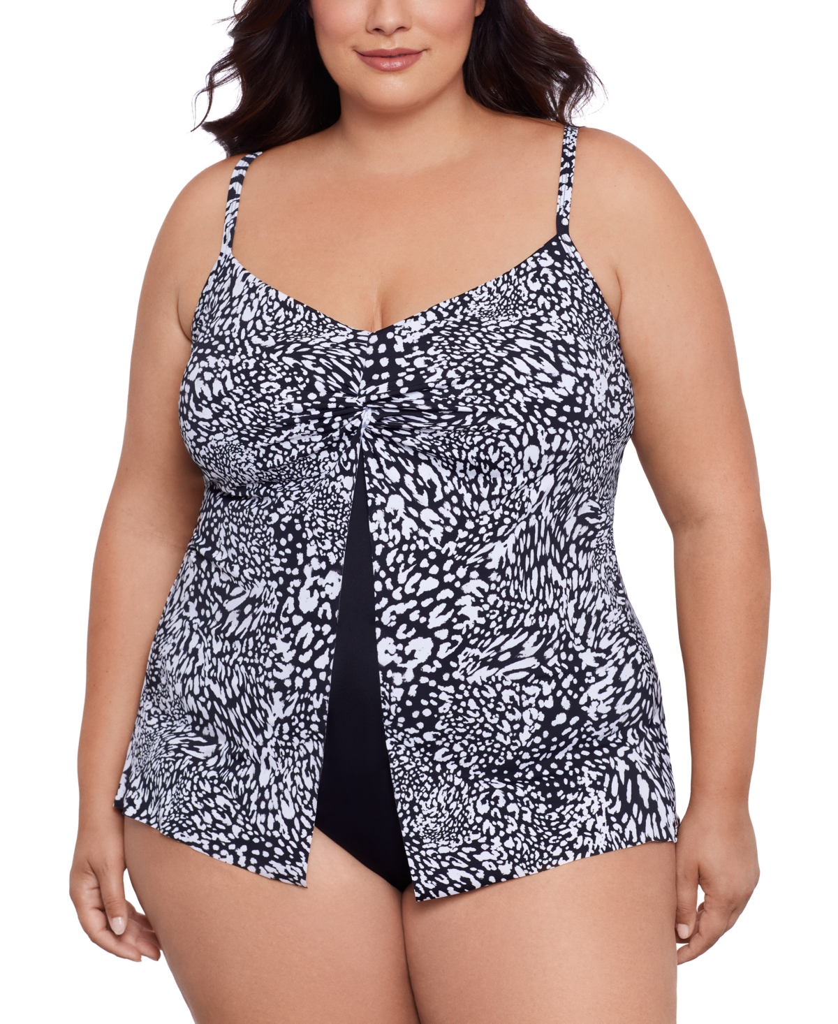 Plus Size Printed Flyaway Fauxkini One Piece, Created for Macy's - Leopard Swirl