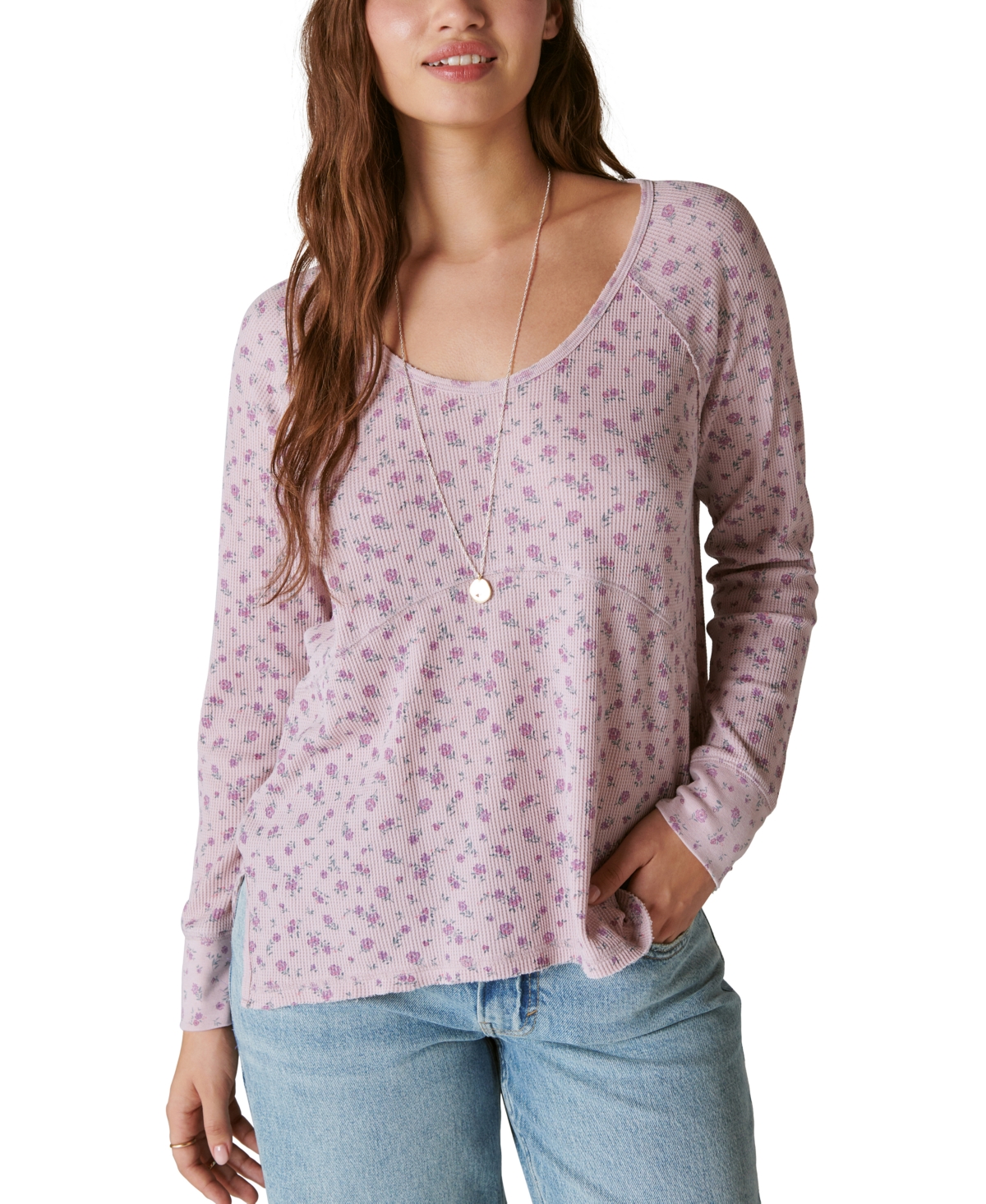 Lucky Brand Oversized V-neck Waffle Thermal Top in Purple