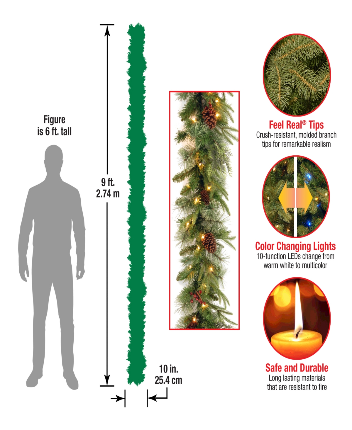 National Tree Company 9' x 10" Feel Real(R) Colonial Garland with 15 Pine Cones, 15 Red Berries and 50 Dual Color(R) Battery Operated Led Lights with