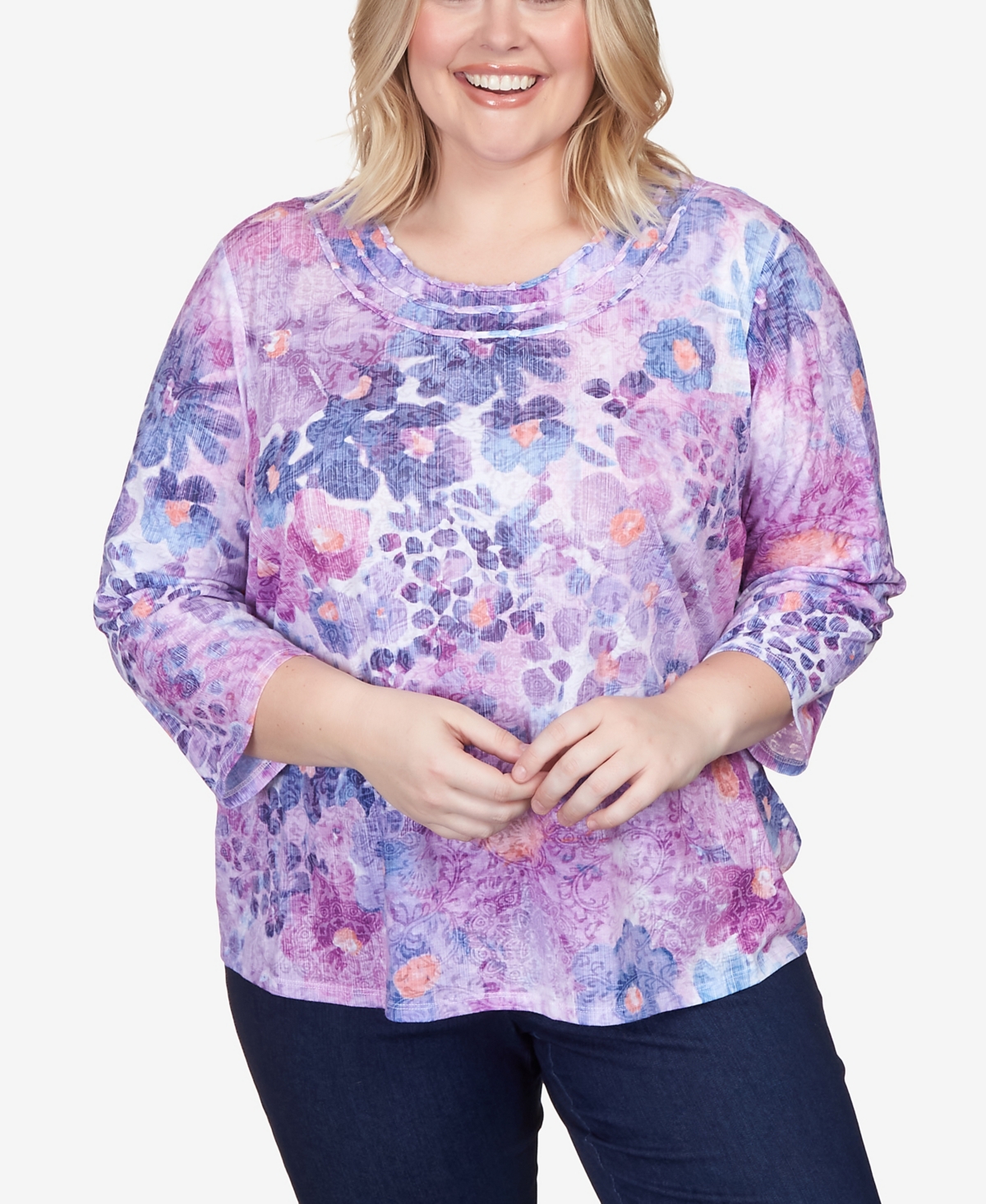 Alfred Dunner Plus Size Fields Triple Knotted Neck Watercolor Floral Top In Lavender