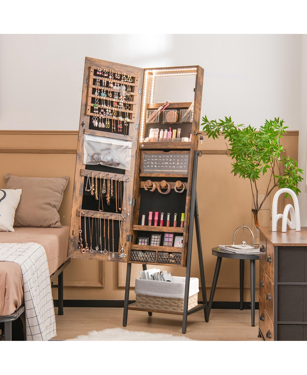 Costway Jewelry Cabinet Armoire 3 Color Led Modes Full-Length Frameless Mirror Lockable