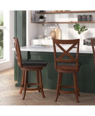 Sora Classic Wooden Crossback Swivel Counter Height Pub Stool With Upholstered Padded Seat And Integrated Footrest