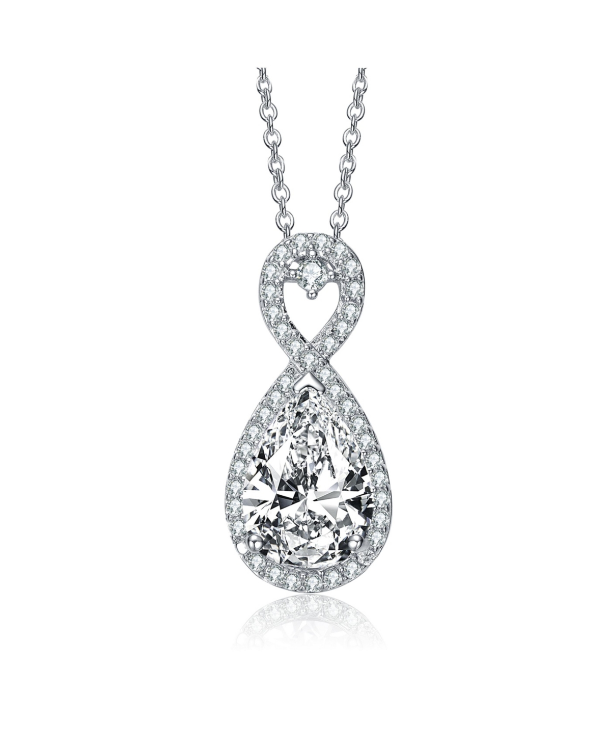 Sterling Silver White Gold Plated Clear Pear with Round Cubic Zirconia Halo Infinity Necklace - Silver