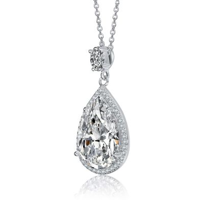 Sterling Silver White Gold Plated Clear Pear with Oval and Round Cubic Zirconia Accent Drop Necklace