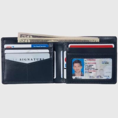 Mens Commuter RFID Bifold Wallet 2 ID Windows Divided Bill Section