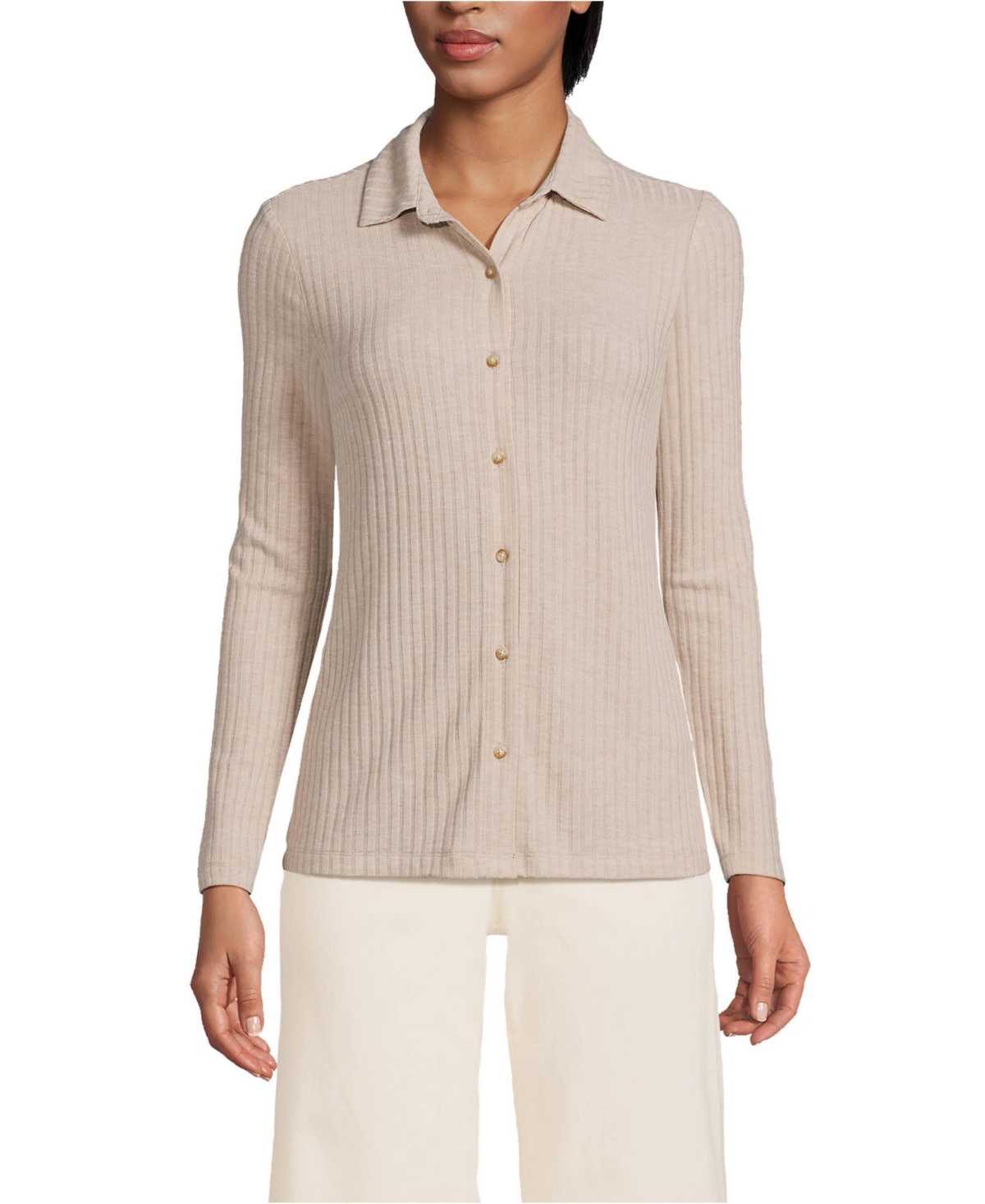 Lands' End Women's Long Sleeve Wide Rib Button Front Polo Shirt