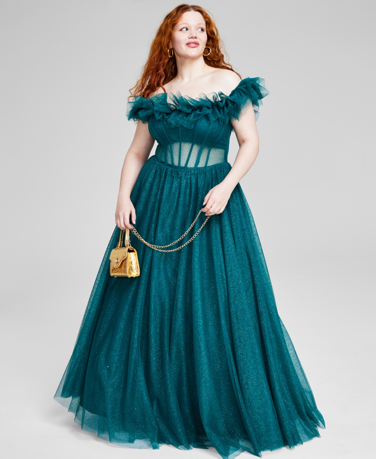 Shop Say Yes Trendy Plus Size Off-the-shoulder Tulle Gown, Created For Macy's In Jade