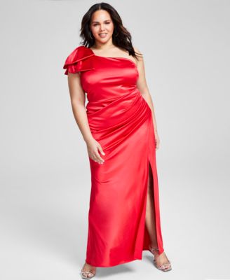 B Darlin - Trendy Plus Size One-Bow-Shoulder Ruched Satin Dress