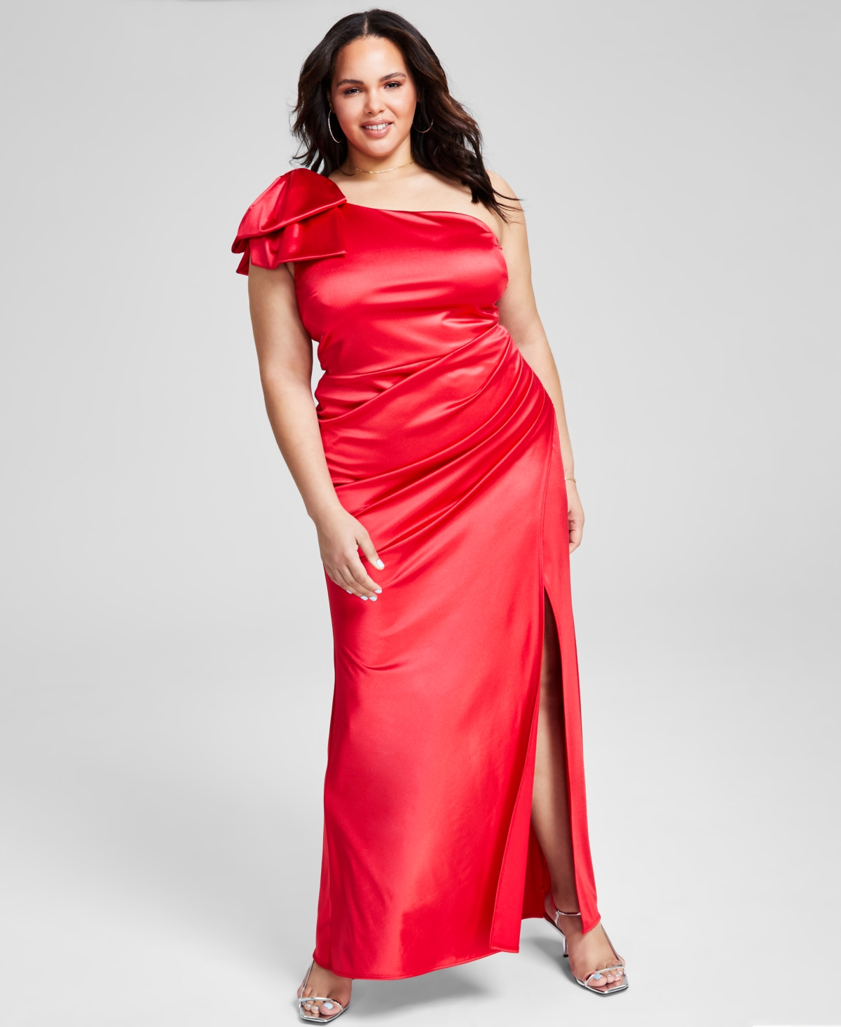 Shop B Darlin Trendy Plus Size One-bow-shoulder Ruched Satin Dress In Red