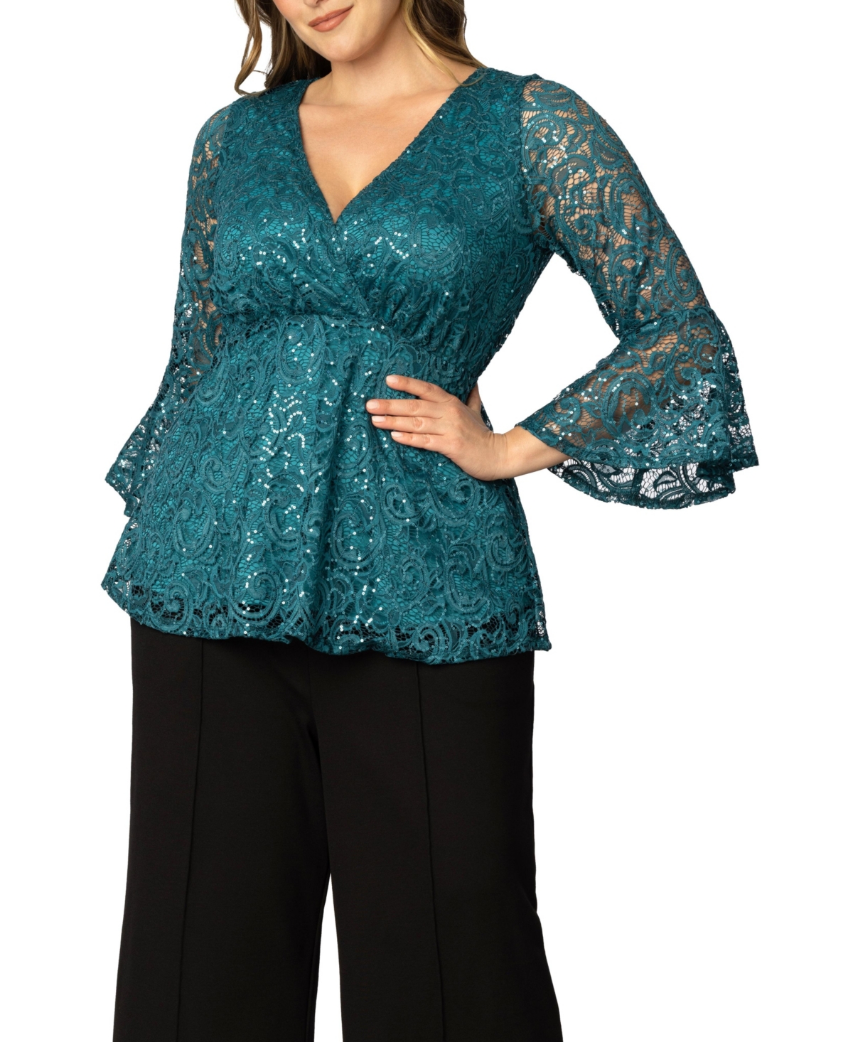 Women's Plus Size Sequin Sparkle Bell Sleeve Lace Top - Teal topaz