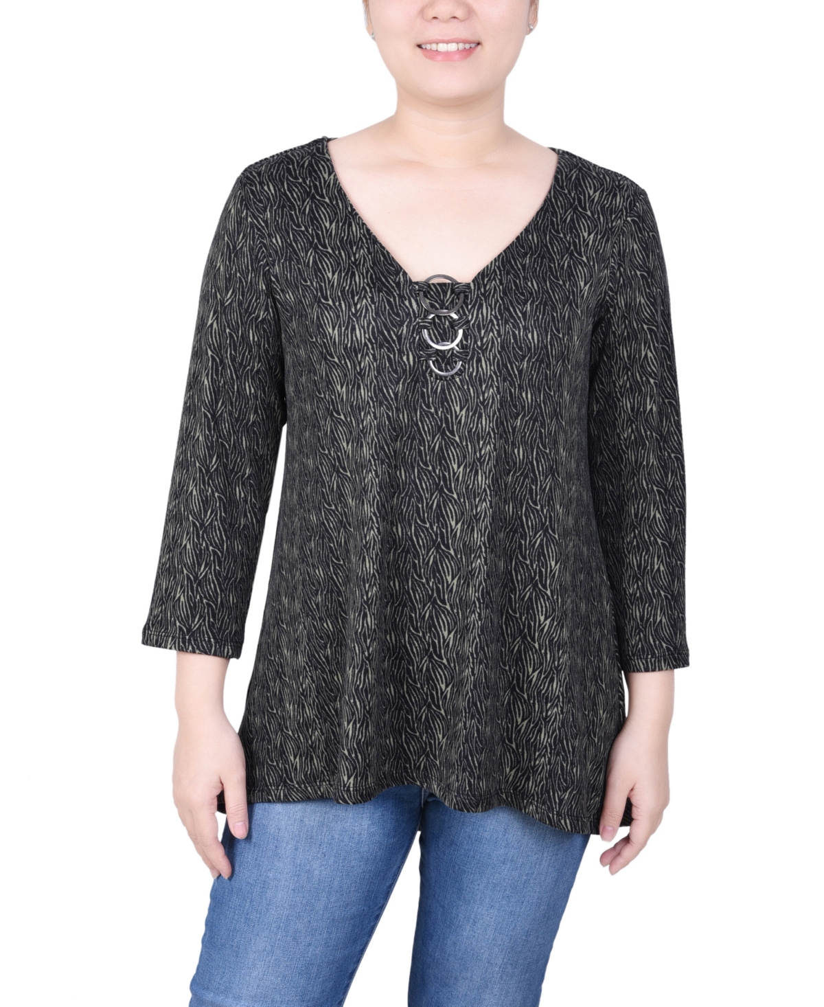 Petite 3/4 Sleeve 3-Ring Top - Oil Green Black Zebra