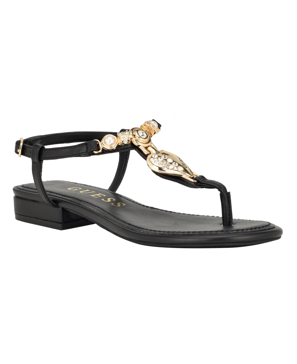 Shop Guess Women's Jiarella Flat T Strap Hardware Accent Sandals In Black - Faux Leather