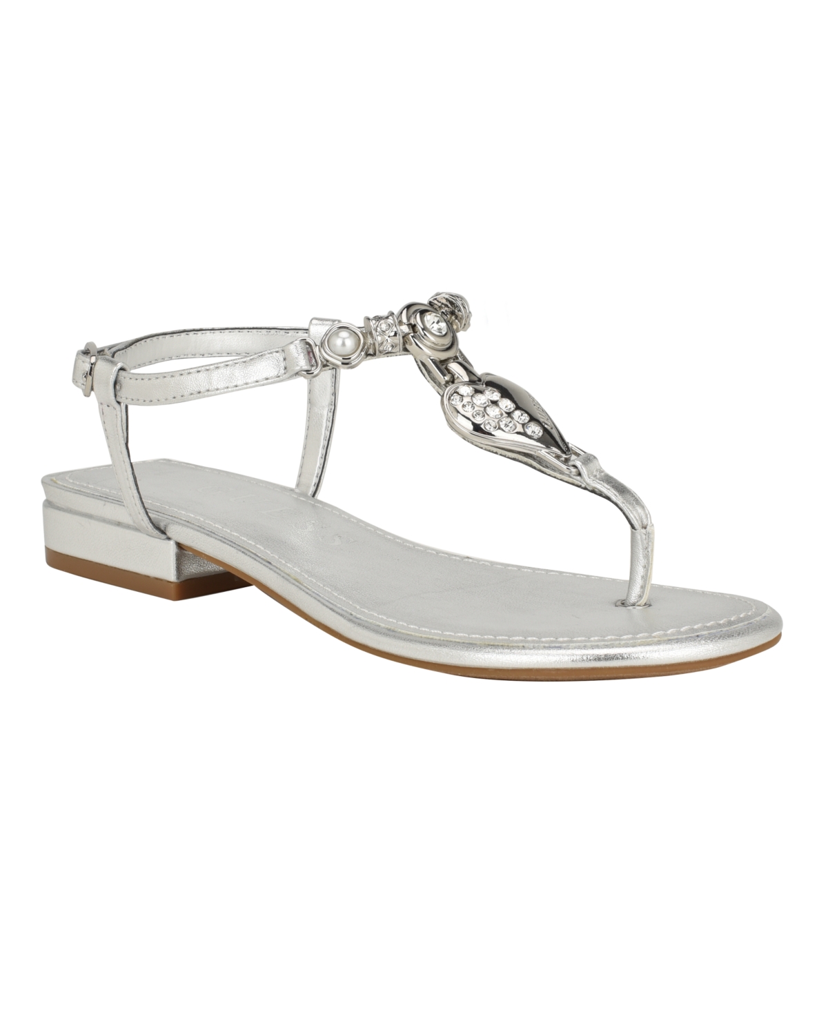 Shop Guess Women's Jiarella Flat T Strap Hardware Accent Sandals In Silver - Manmade